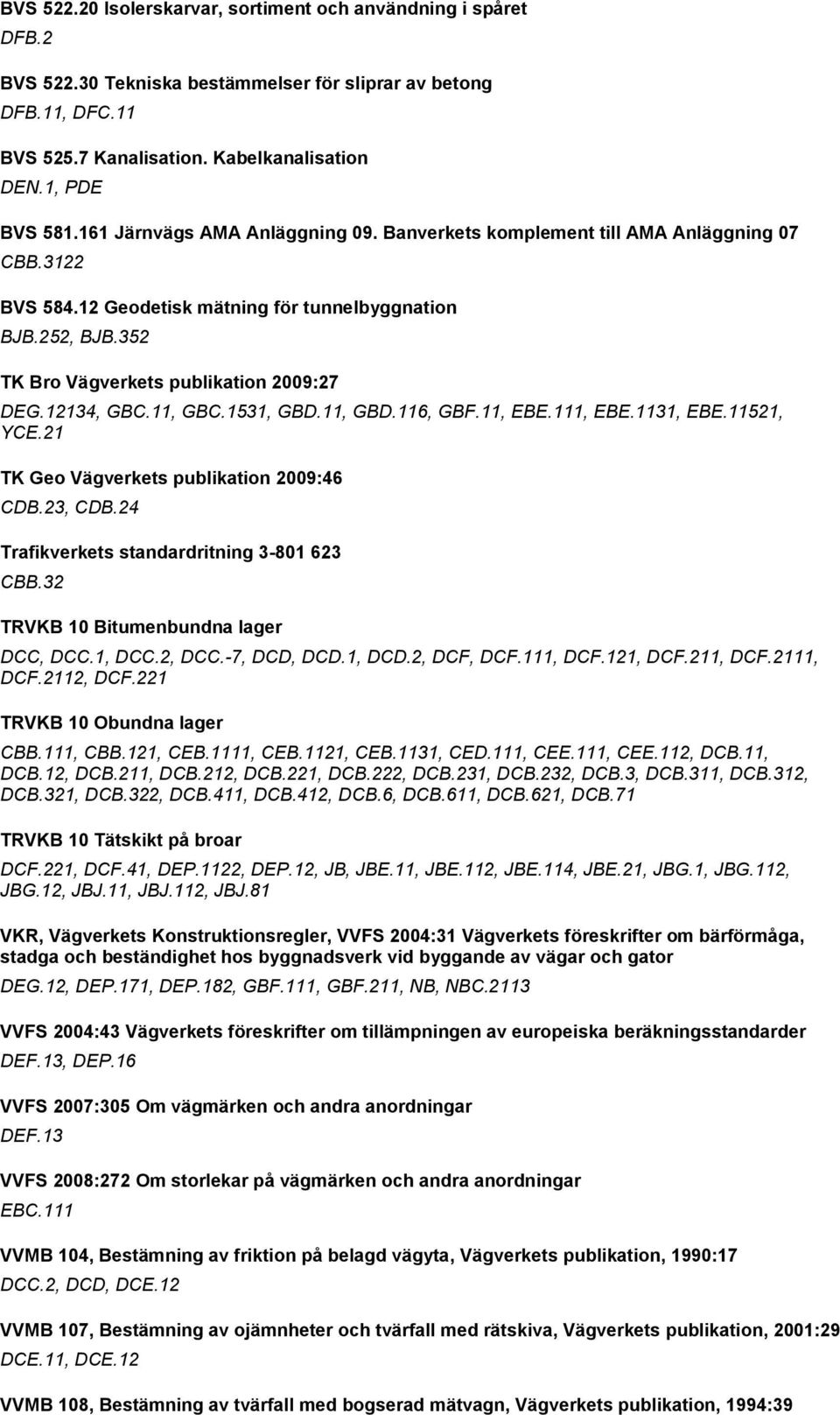 12134, GBC.11, GBC.1531, GBD.11, GBD.116, GBF.11, EBE.111, EBE.1131, EBE.11521, YCE.21 TK Geo Vägverkets publikation 2009:46 CDB.23, CDB.24 Trafikverkets standardritning 3-801 623 CBB.