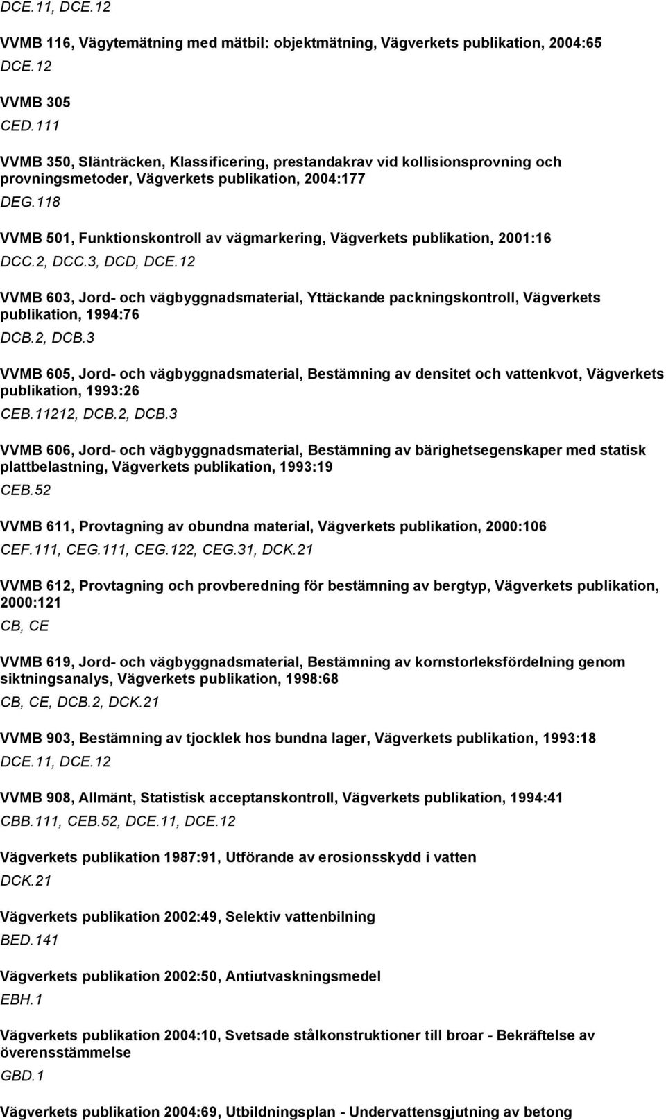 118 VVMB 501, Funktionskontroll av vägmarkering, Vägverkets publikation, 2001:16 DCC.2, DCC.3, DCD, DCE.