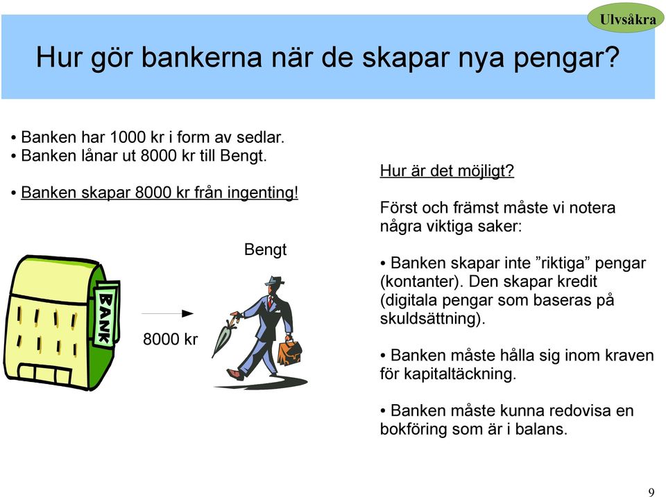 Först och främst måste vi notera några viktiga saker: Banken skapar inte riktiga pengar (kontanter).