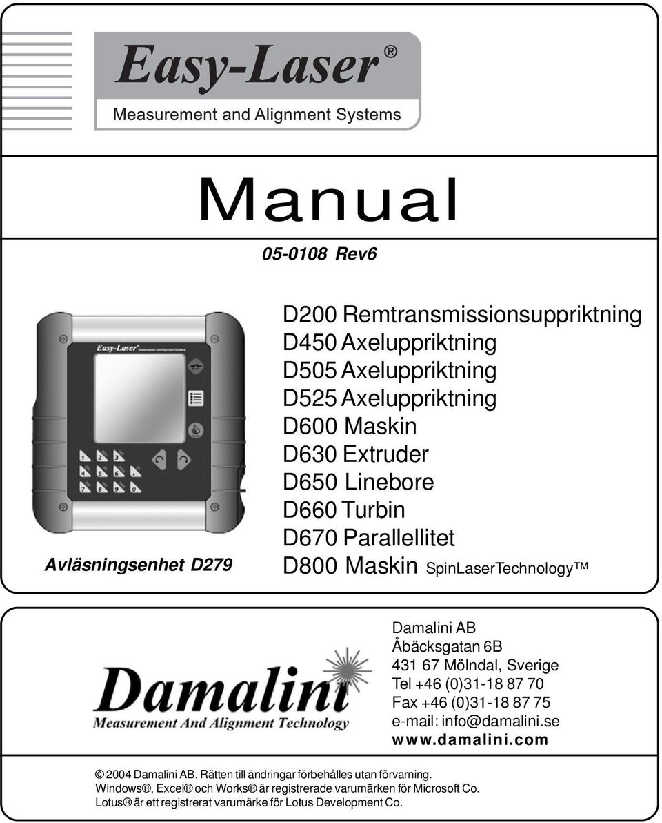 Sverige Tel +46 (0)31-18 87 70 Fax +46 (0)31-18 87 75 e-mail: info@damalini.se www.damalini.com 2004 Damalini AB.