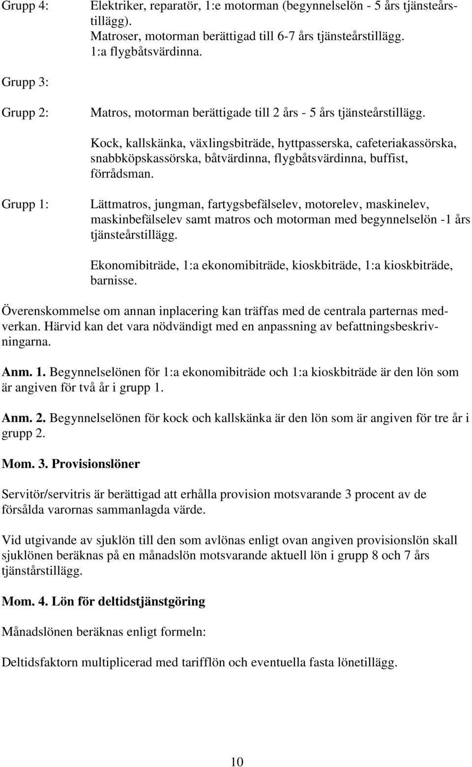Kock, kallskänka, växlingsbiträde, hyttpasserska, cafeteriakassörska, snabbköpskassörska, båtvärdinna, flygbåtsvärdinna, buffist, förrådsman.