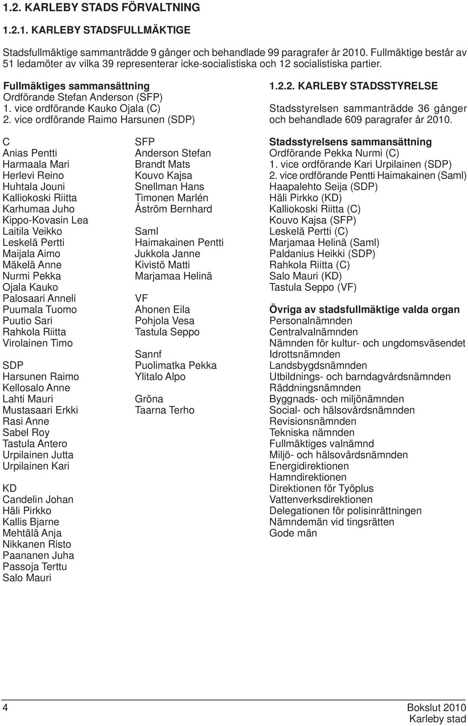 vice ordförande Kauko Ojala (C) 2. vice ordförande Raimo Harsunen (SDP) 1.2.2. KARLEBY STADSSTYRELSE Stadsstyrelsen sammanträdde 36 gånger och behandlade 609 paragrafer år 2010.