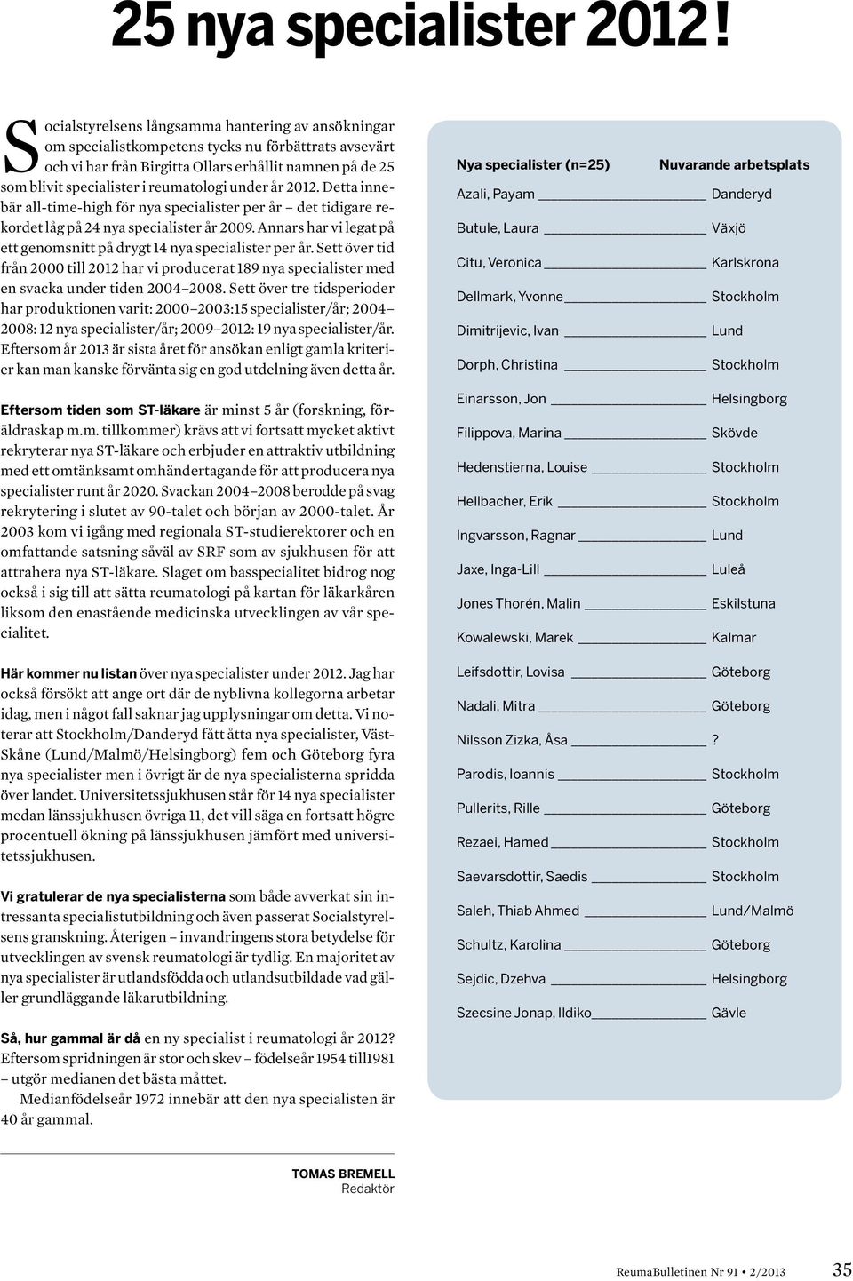 under år 2012. Detta innebär all-time-high för nya specialister per år det tidigare rekordet låg på 24 nya specialister år 2009.