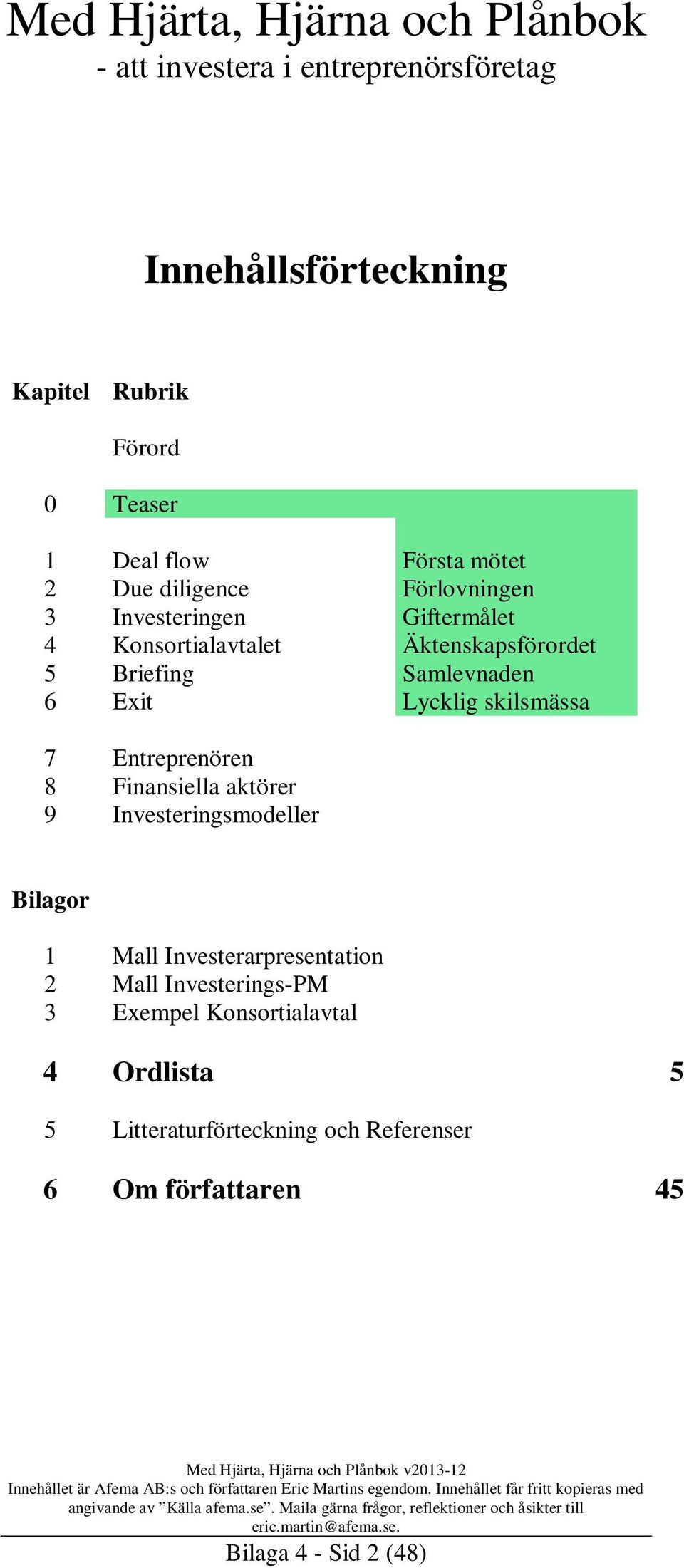 Entreprenören 8 Finansiella aktörer 9 Investeringsmodeller Bilagor 1 Mall Investerarpresentation 2 Mall