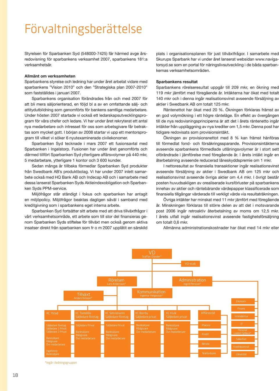 Sparbankens organisation förändrades från och med 2007 för att bli mera säljorienterad, en följd bl a av en omfattande sälj- och attitydutbildning som genomförts för bankens samtliga medarbetare.