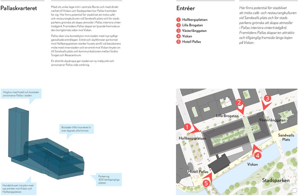 Framtidens Pallas skapar en lysande framsida av den bortglömda sidan mot Viskan. Pallas ökar sina kontaktytor mot staden med nya tydligt gestaltade entrélägen.