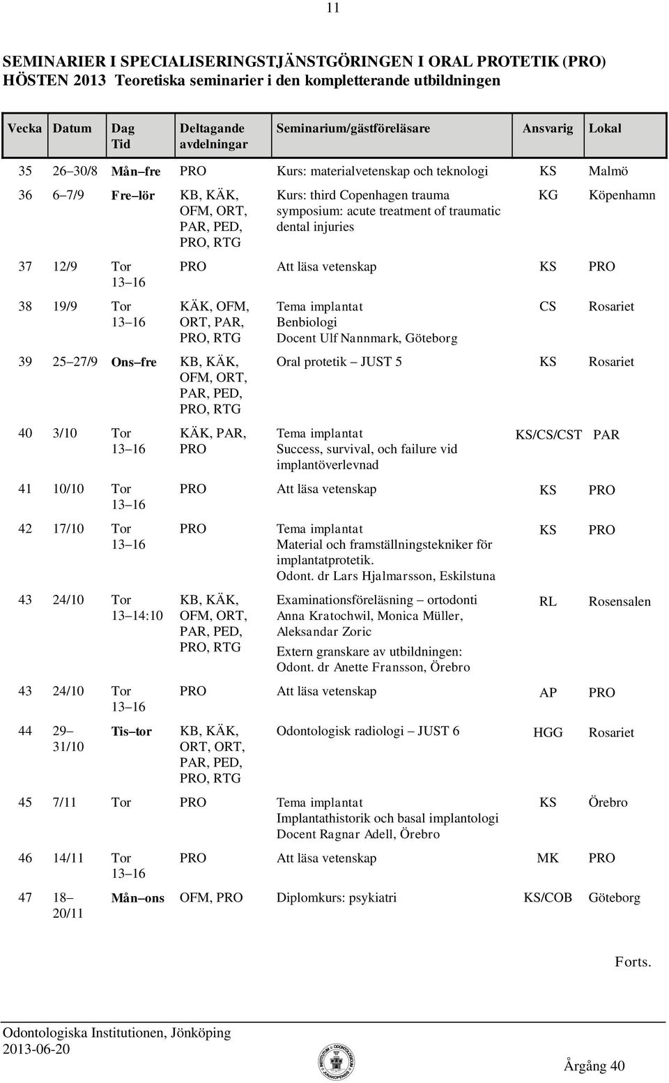 implantat Benbiologi Docent Ulf Nannmark, Göteborg Rosariet 39 25 27/9 Ons fre Oral protetik JUST 5 KS Rosariet 40 3/10 Tor KÄK, PAR, PRO Tema implantat Success, survival, och failure vid