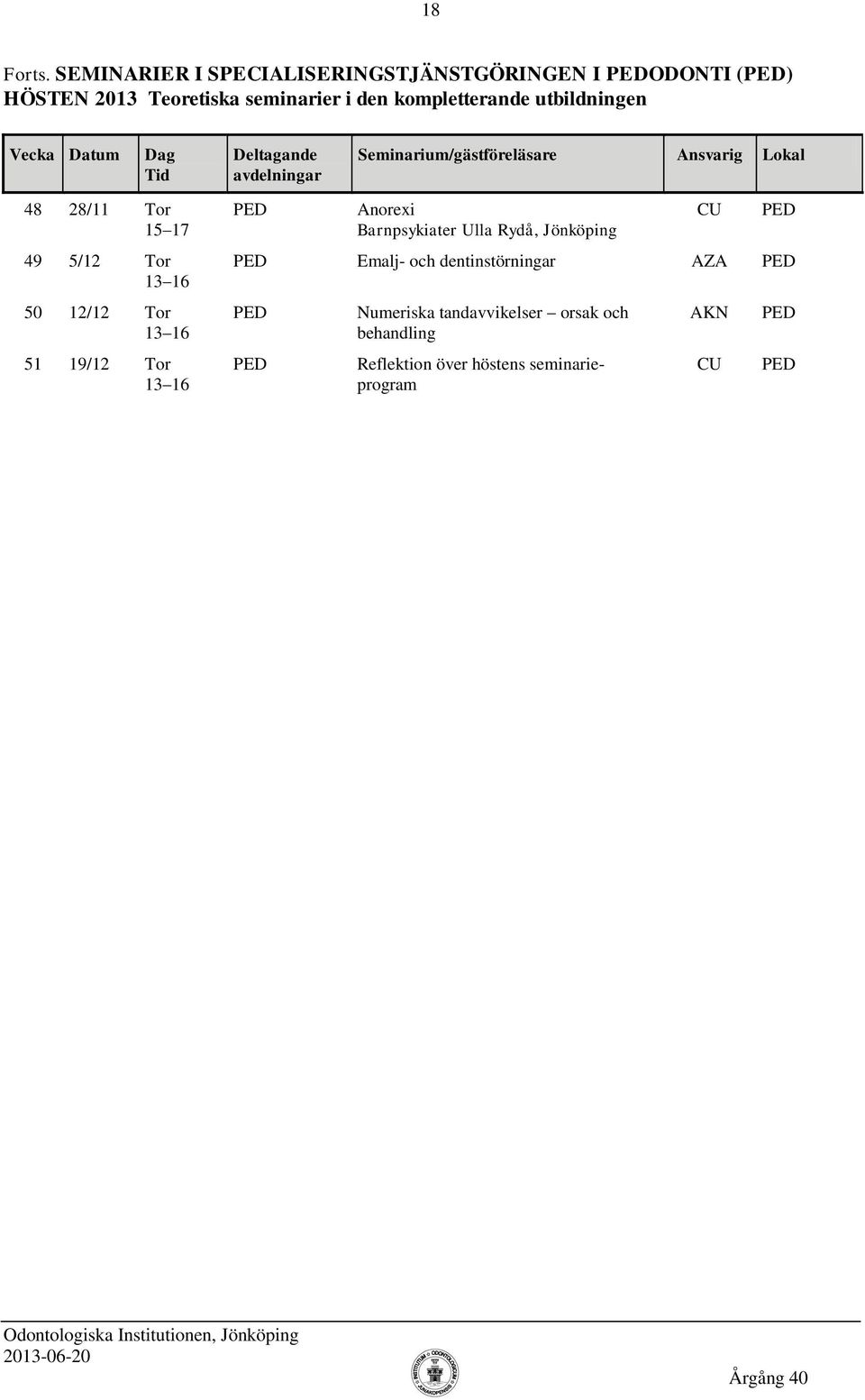 den kompletterande utbildningen 48 28/11 Tor 15 17 49 5/12 Tor 50 12/12 Tor 51 19/12 Tor