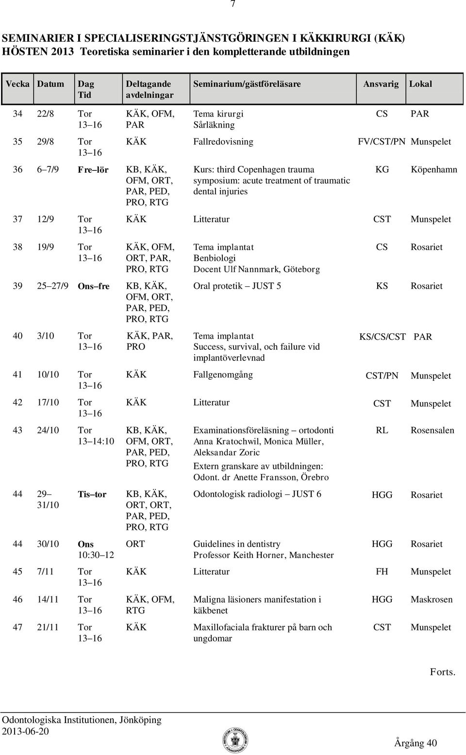 Tor ORT, PAR, Tema implantat Benbiologi Docent Ulf Nannmark, Göteborg Rosariet 39 25 27/9 Ons fre Oral protetik JUST 5 KS Rosariet 40 3/10 Tor KÄK, PAR, PRO Tema implantat Success, survival, och