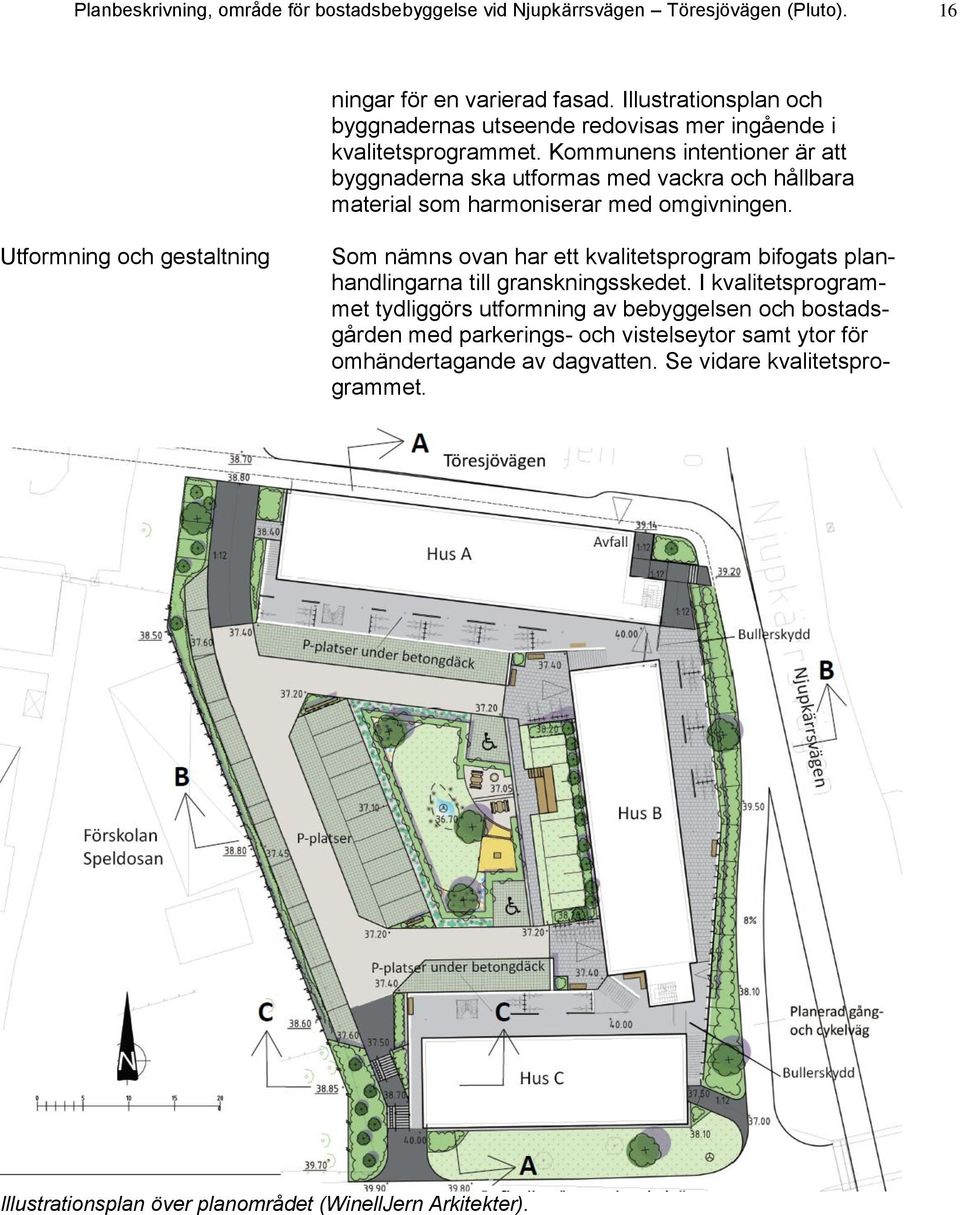 Kommunens intentioner är att byggnaderna ska utformas med vackra och hållbara material som harmoniserar med omgivningen.