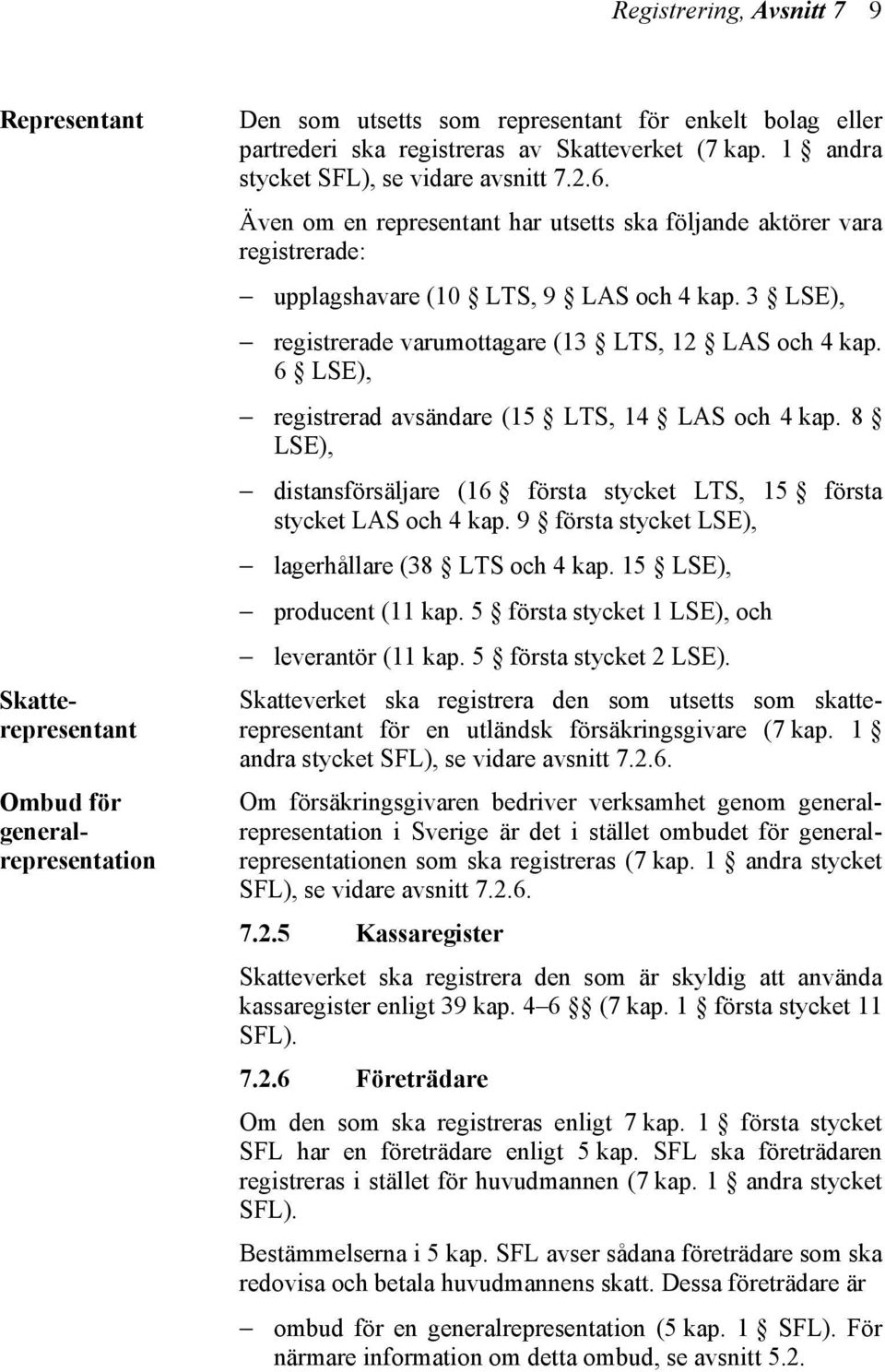 3 LSE), registrerade varumottagare (13 LTS, 12 LAS och 4 kap. 6 LSE), registrerad avsändare (15 LTS, 14 LAS och 4 kap.