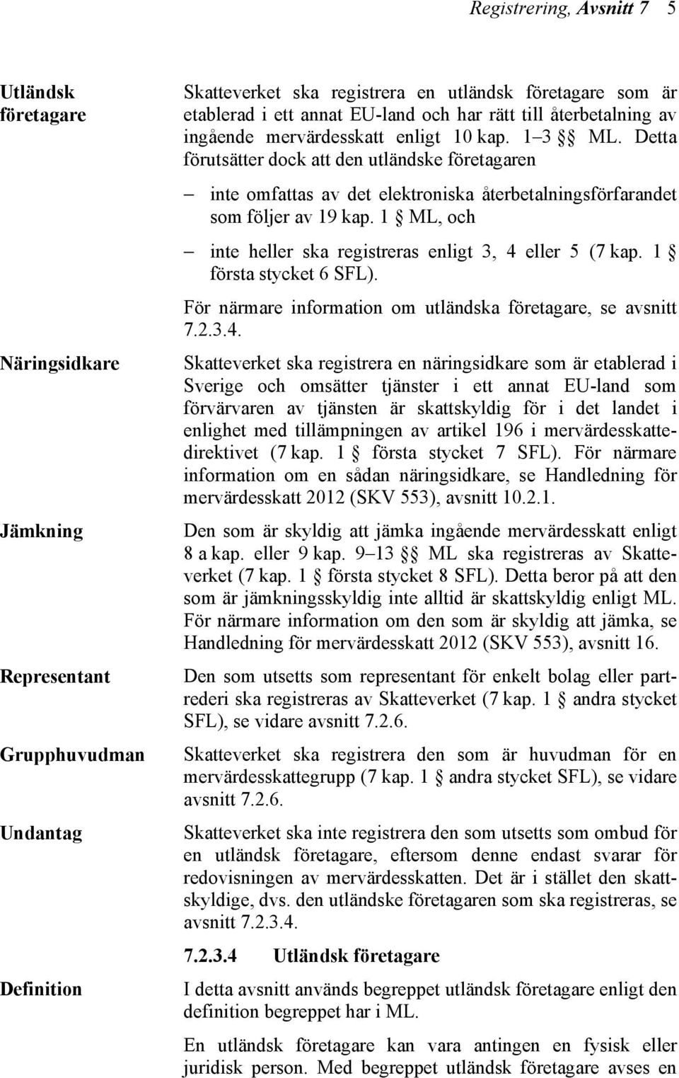 Detta förutsätter dock att den utländske företagaren inte omfattas av det elektroniska återbetalningsförfarandet som följer av 19 kap. 1 ML, och inte heller ska registreras enligt 3, 4 eller 5 (7 kap.