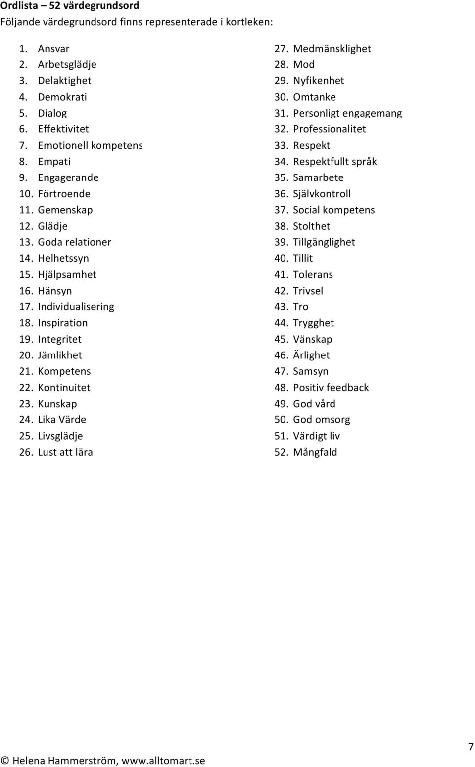 Kompetens 22. Kontinuitet 23. Kunskap 24. Lika Värde 25. Livsglädje 26. Lust att lära 27. Medmänsklighet 28. Mod 29. Nyfikenhet 30. Omtanke 31. Personligt engagemang 32. Professionalitet 33.