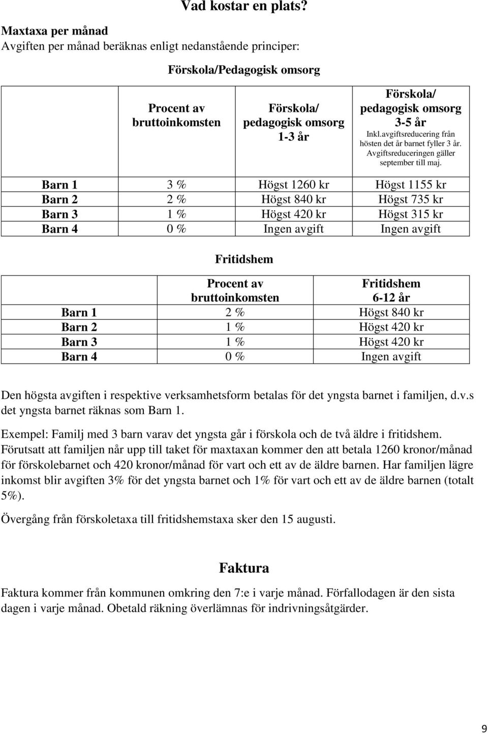 år Inkl.avgiftsreducering från hösten det år barnet fyller 3 år. Avgiftsreduceringen gäller september till maj.