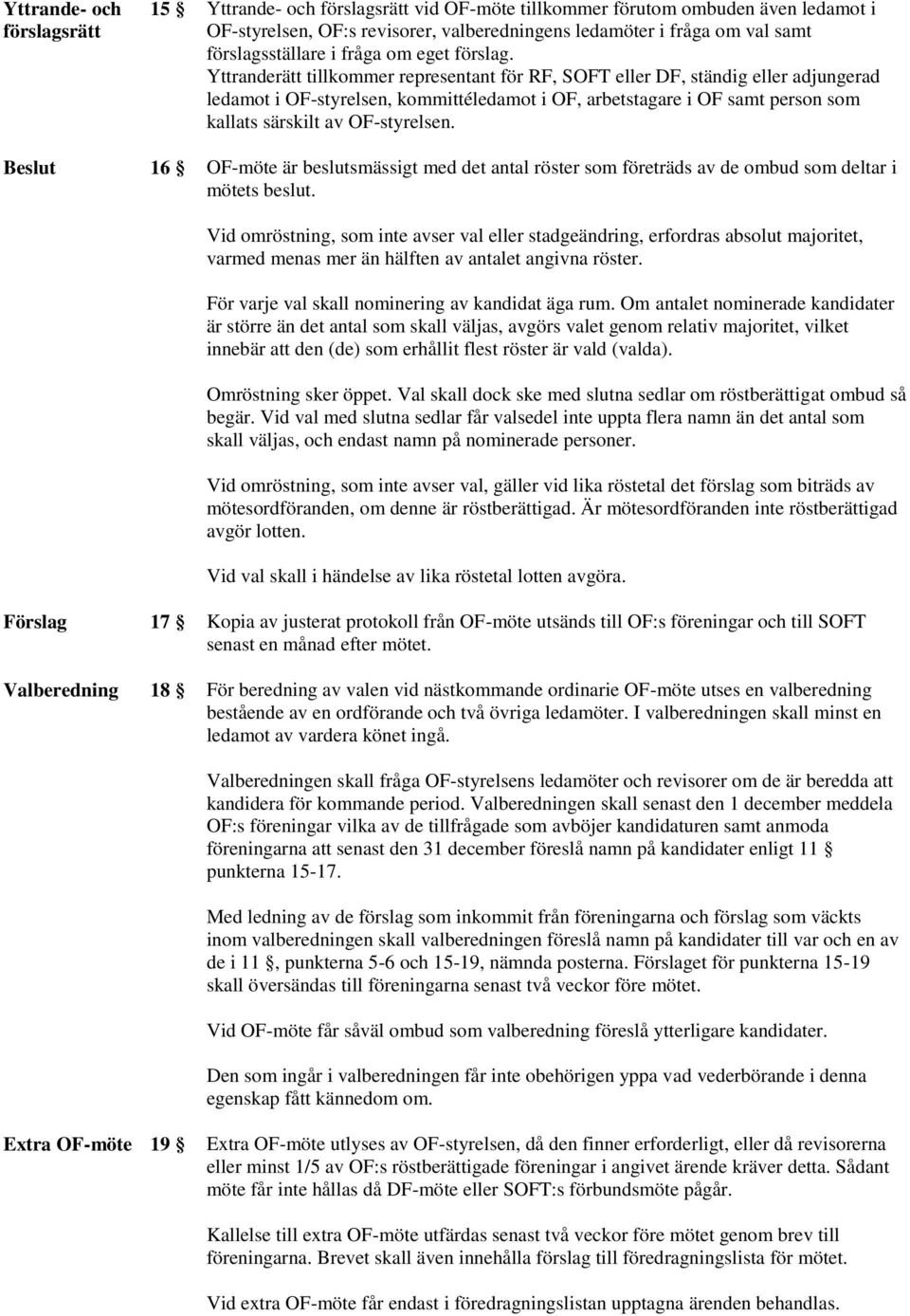 Yttranderätt tillkommer representant för RF, SOFT eller DF, ständig eller adjungerad ledamot i OF-styrelsen, kommittéledamot i OF, arbetstagare i OF samt person som kallats särskilt av OF-styrelsen.
