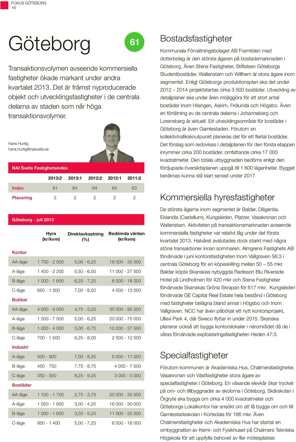 se NAI Svefa Fastighetsindex Index 61 64 64 64 63 Placering 2 2 2 2 2 Göteborg - juli 2013 Kontor Hyra Direktavkastning (%) Bedömda värden 1 700-2 500 5,00-6,25 18 000-35 000 A-läge 1 400-2 200