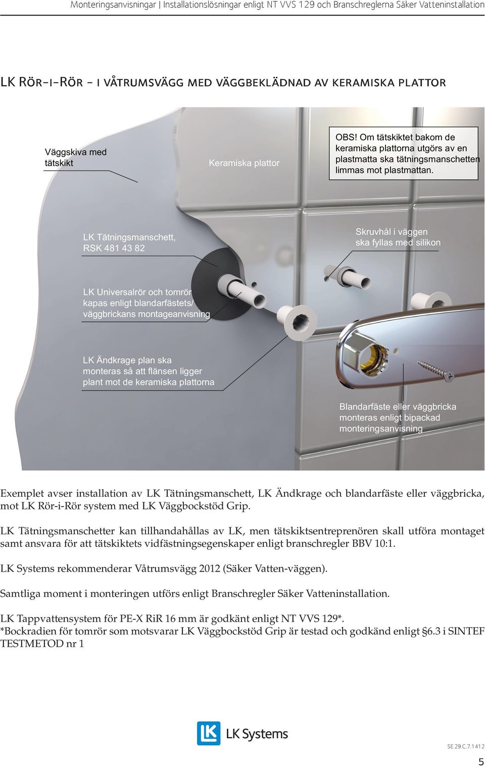 LK Tätningsmanschett, RSK 481 43 82 Skruvhål i väggen ska fyllas med silikon LK Universalrör och tomrör kapas enligt blandarfästets/ väggbrickans montageanvisning LK Ändkrage plan ska monteras så att