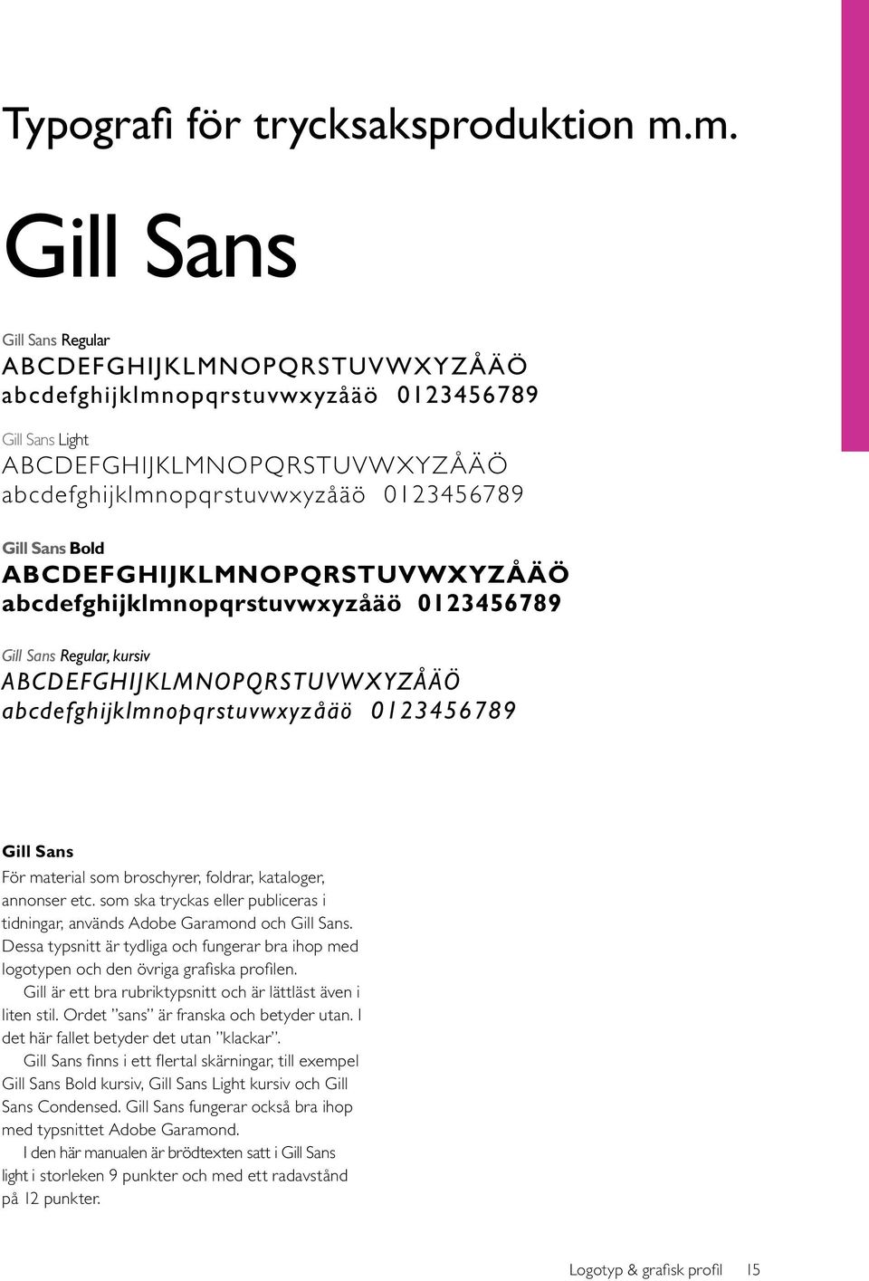 Bold ABCDEFGHIJKLMNOPQRSTUVWXYZÅÄÖ abcdefghijklmnopqrstuvwxyzåäö 0123456789 Gill Sans Regular, kursiv ABCDEFGHIJKLMNOPQRSTUVWXYZÅÄÖ abcdefghijklmnopqrstuvwxyzåäö 0123456789 Gill Sans För material som