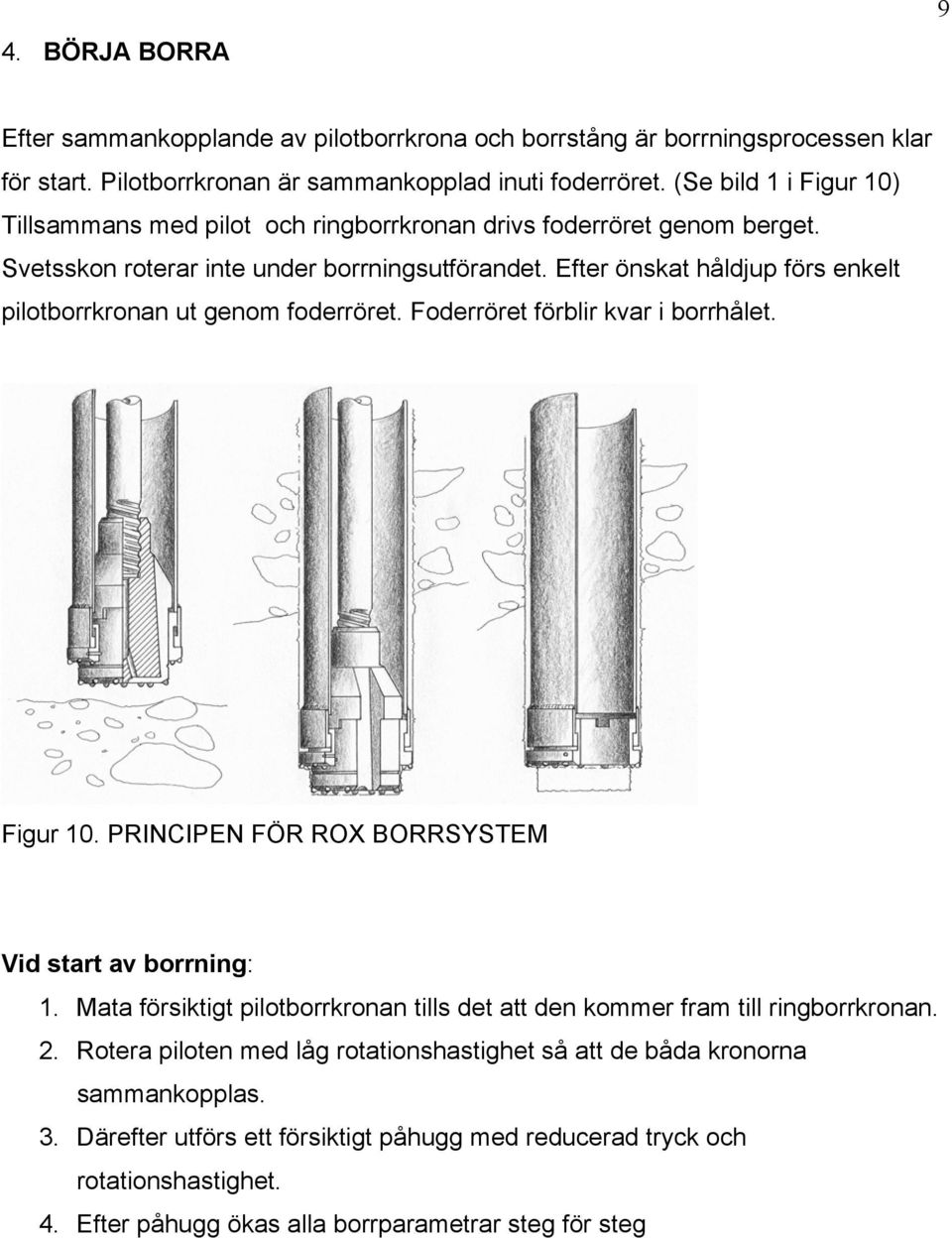 Efter önskat håldjup förs enkelt pilotborrkronan ut genom foderröret. Foderröret förblir kvar i borrhålet. Figur 10. PRINCIPEN FÖR ROX BORRSYSTEM Vid start av borrning: 1.