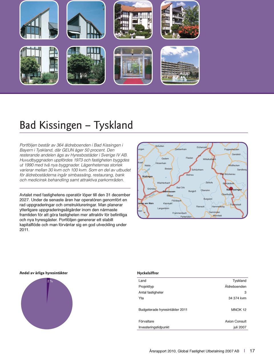 Som en del av utbudet för äldrebostäderna ingår simbassäng, restaurang, bank och medicinsk behandling samt attraktiva parkområden. Avtalet med fastighetens operatör löper till den 31 december 2027.