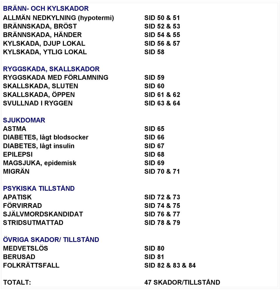 DIABETES, lågt blodsocker SID 66 DIABETES, lågt insulin SID 67 EPILEPSI SID 68 MAGSJUKA, epidemisk SID 69 MIGRÄN SID 70 & 71 PSYKISKA TILLSTÅND APATISK SID 72 & 73 FÖRVIRRAD SID