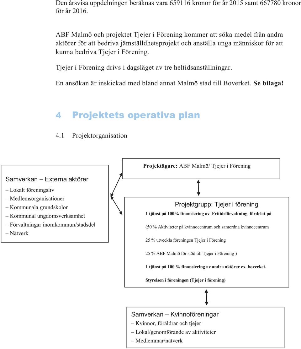 Tjejer i Förening drivs i dagsläget av tre heltidsanställningar. En ansökan är inskickad med bland annat Malmö stad till Boverket. Se bilaga! 4 Projektets operativa plan 4.