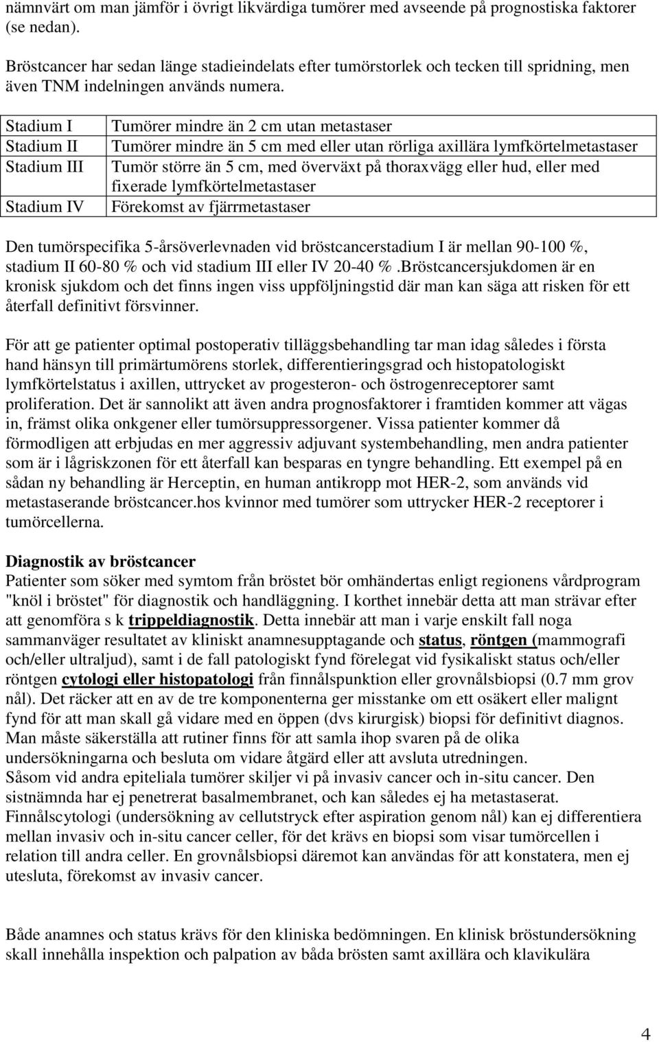 Stadium I Stadium II Stadium III Stadium IV Tumörer mindre än 2 cm utan metastaser Tumörer mindre än 5 cm med eller utan rörliga axillära lymfkörtelmetastaser Tumör större än 5 cm, med överväxt på