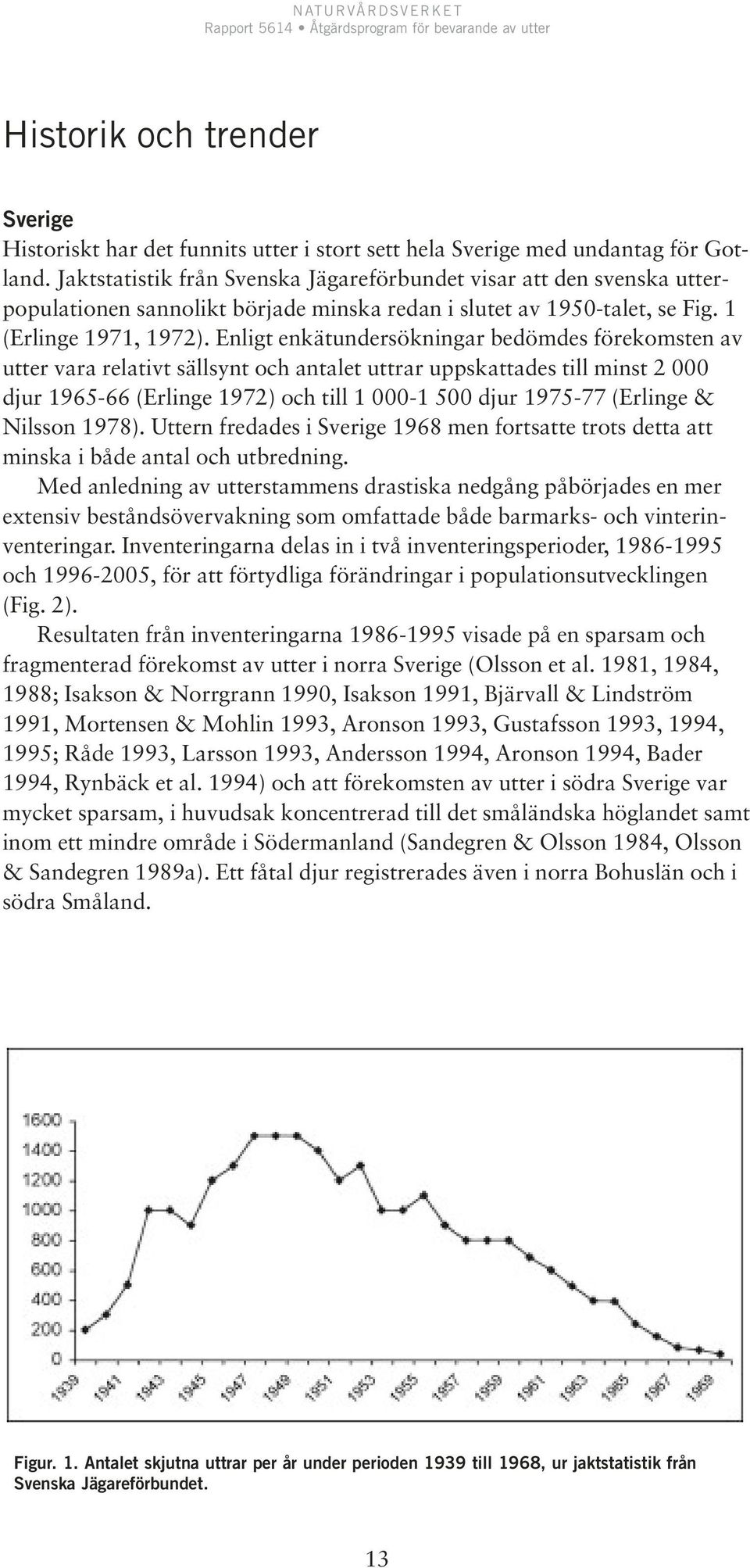 Enligt enkätundersökningar bedömdes förekomsten av utter vara relativt sällsynt och antalet uttrar uppskattades till minst 2 000 djur 1965-66 (Erlinge 1972) och till 1 000-1 500 djur 1975-77 (Erlinge