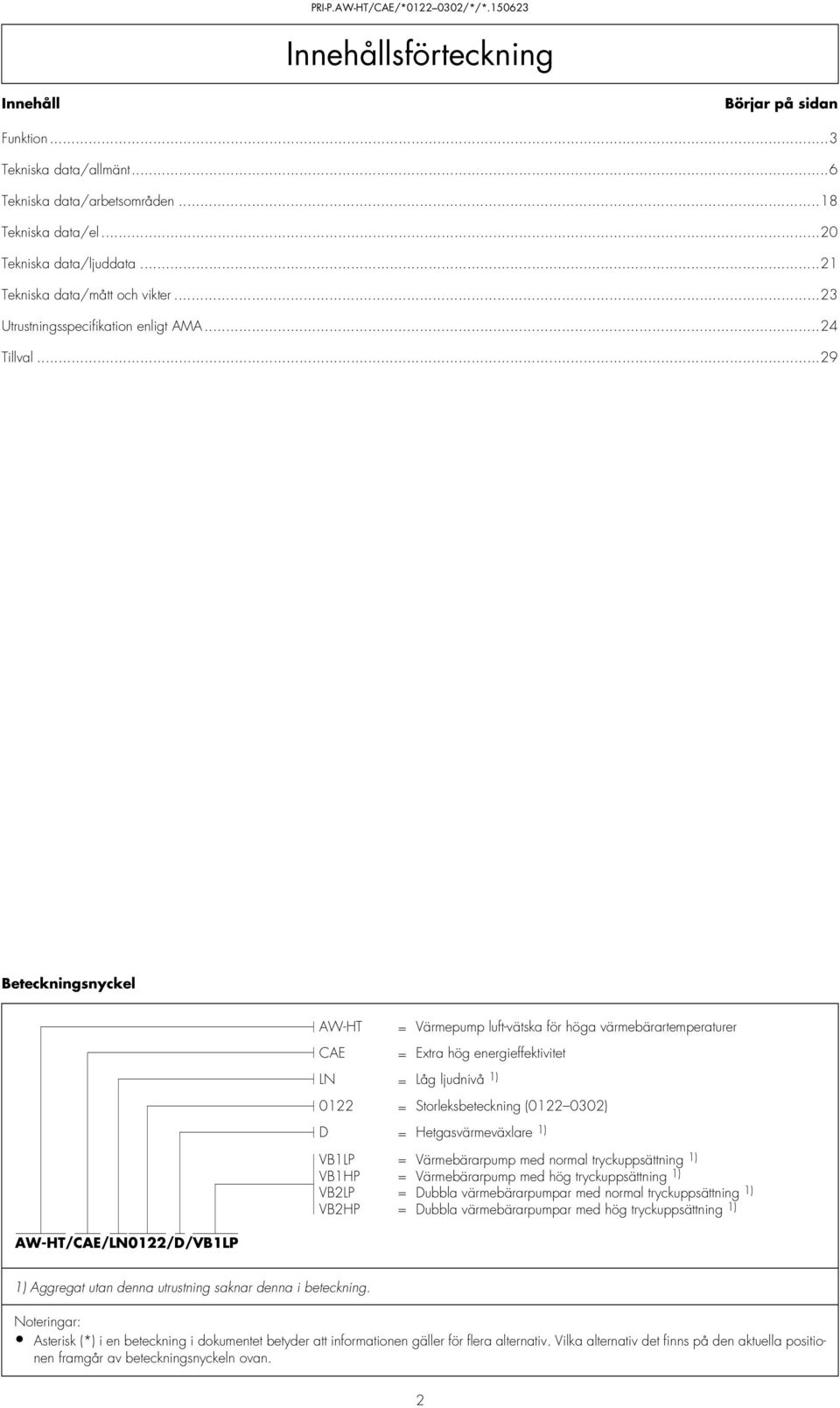 ..29 Beteckningsnyckel AW-HT/CAE/LN022/D/VBLP AW-HT = Värmepump luft-vätska för höga värmebärartemperaturer CAE = Extra hög energieffektivitet LN = Låg ljudnivå ) 022 = Storleksbeteckning (022 0302)