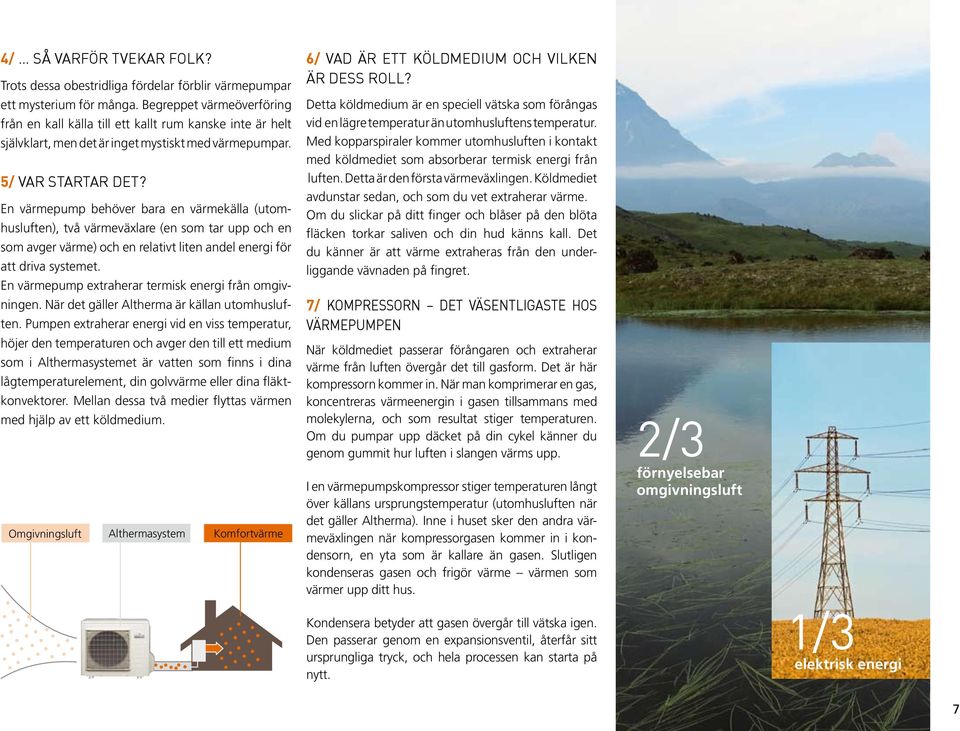 En värmepump behöver bara en värmekälla (utomhusluften), två värmeväxlare (en som tar upp och en som avger värme) och en relativt liten andel energi för att driva systemet.