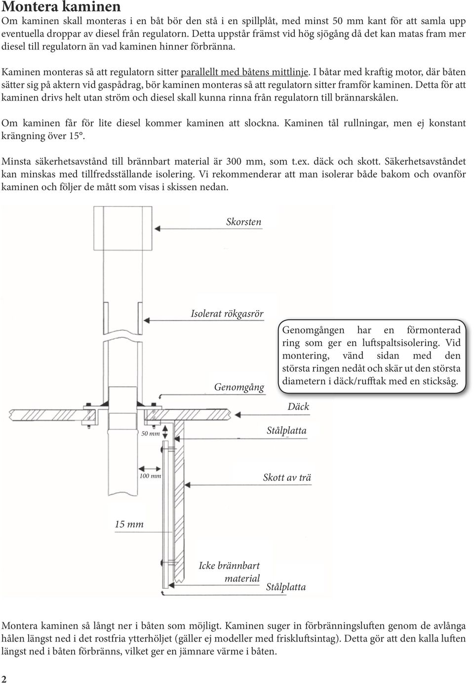 I båtar med kraftig motor, där båten sätter sig på aktern vid gaspådrag, bör kaminen monteras så att regulatorn sitter framför kaminen.