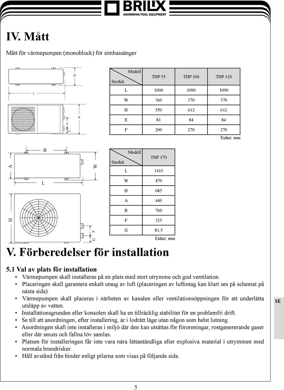 1 Val av plats för installation Värmepumpen skall installeras på en plats med stort utrymme och god ventilation.