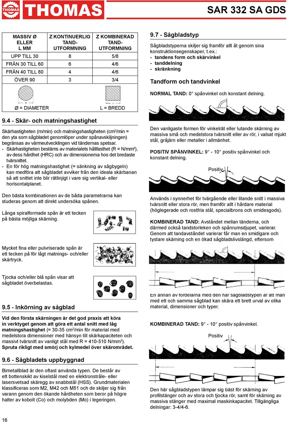 : - tandens form och skärvinkel - tanddelning - skränkning Tandform och tandvinkel NORMAL TAND: 0 spånvinkel och konstant delning. Ø = DIAMETER L = BREDD 9.