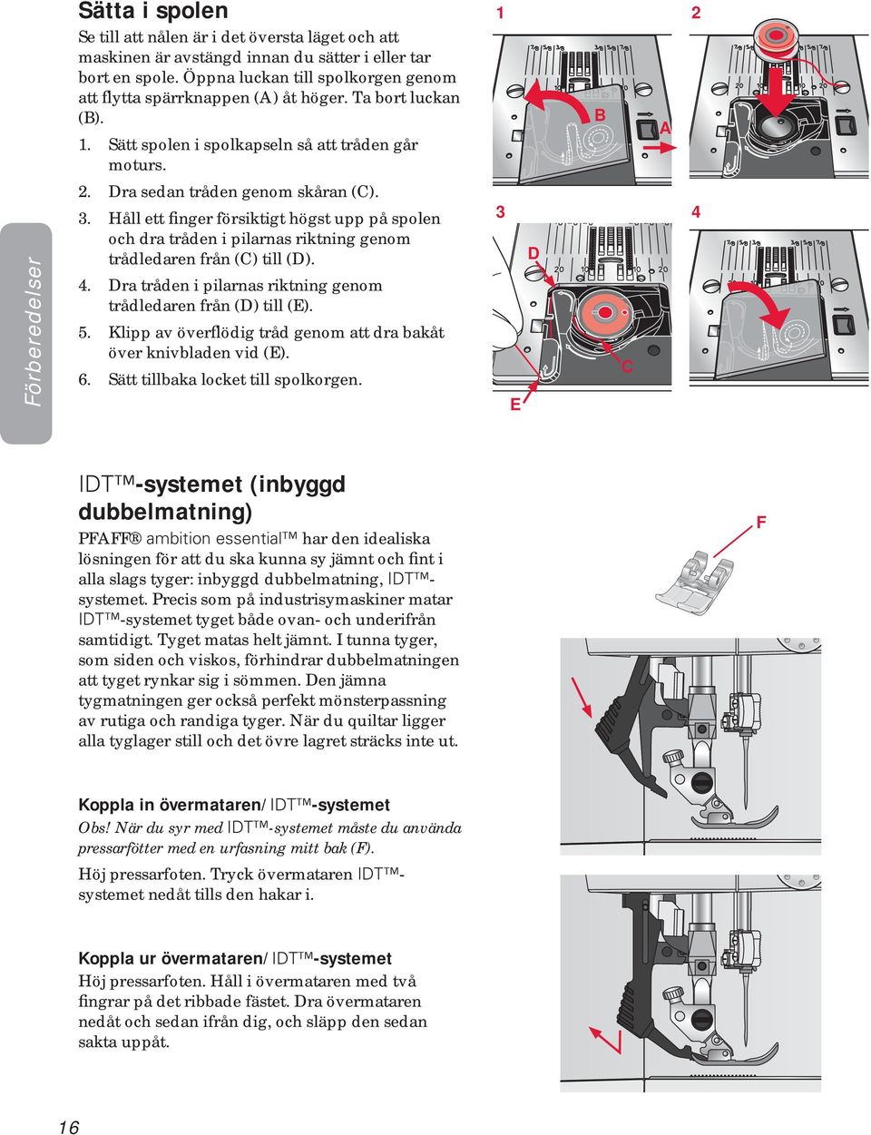 Håll ett finger försiktigt högst upp på spolen och dra tråden i pilarnas riktning genom trådledaren från (C) till (D). 4. Dra tråden i pilarnas riktning genom trådledaren från (D) till (E). 5.