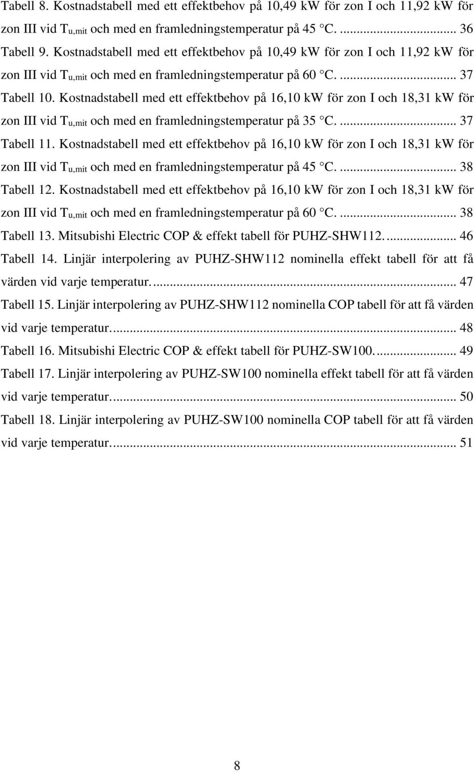 Kostnadstabell med ett effektbehov på 16,10 kw för zon I och 18,31 kw för zon III vid Tu,mit och med en framledningstemperatur på 35 C.... 37 Tabell 11.