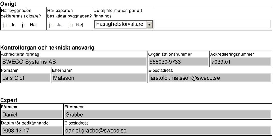 finna hos i Fastighetsförvaltare Kontrollorgan och tekniskt ansvarig Ackrediterat företag SWECO Systems AB