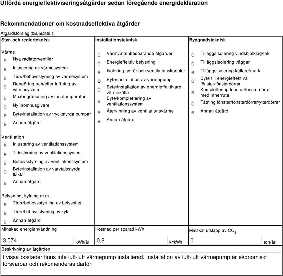 värmesystem Maxbegränsning av innetemperatur Ny inomhusgivare Byte/installation av tryckstyrda pumpar b Varmvattenbesparande åtgärder Energieffektiv belysning Isolering av rör och ventilationskanaler