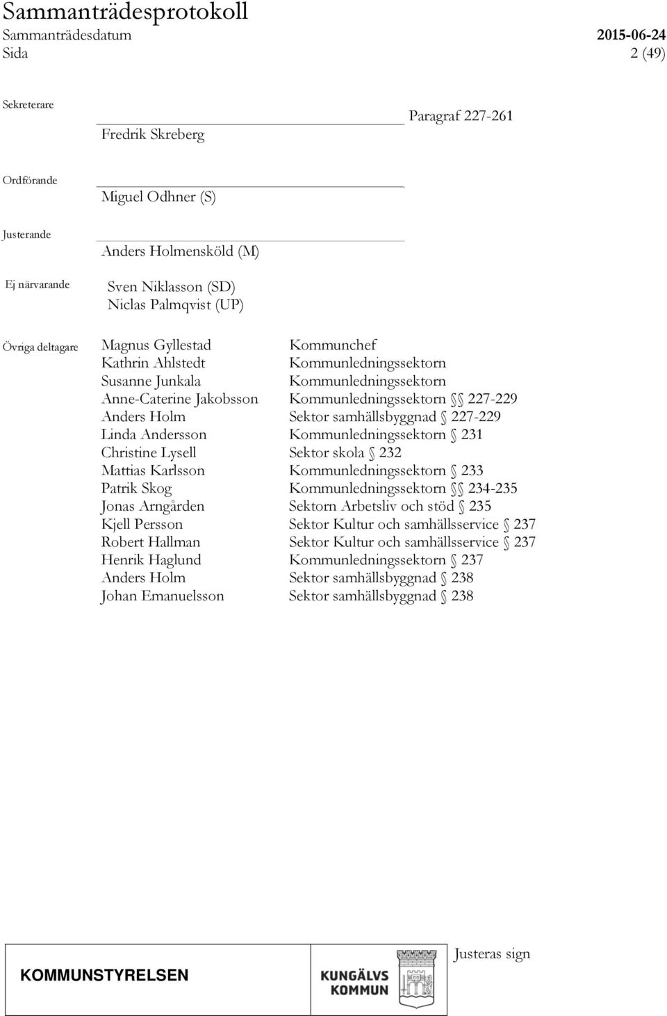 227-229 Linda Andersson Kommunledningssektorn 231 Christine Lysell Sektor skola 232 Mattias Karlsson Kommunledningssektorn 233 Patrik Skog Kommunledningssektorn 234-235 Jonas Arngården Sektorn