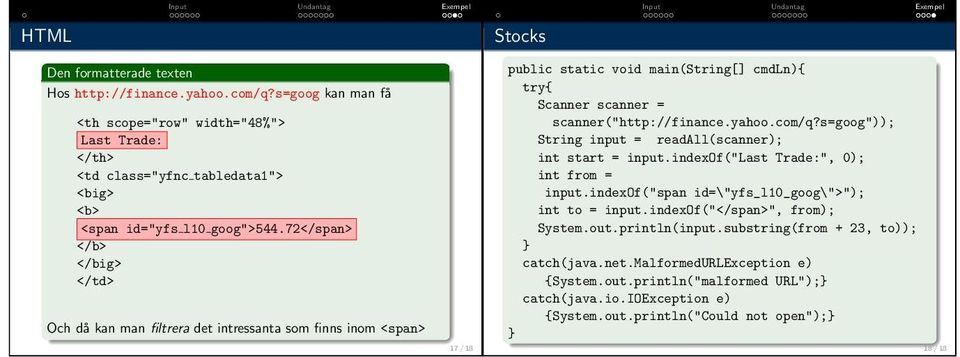 72</span> </b> </big> </td> Och då kan man filtrera det intressanta som finns inom <span> 17 / 18 Stocks try{ Scanner scanner = scanner("http://finance.yahoo.com/q?