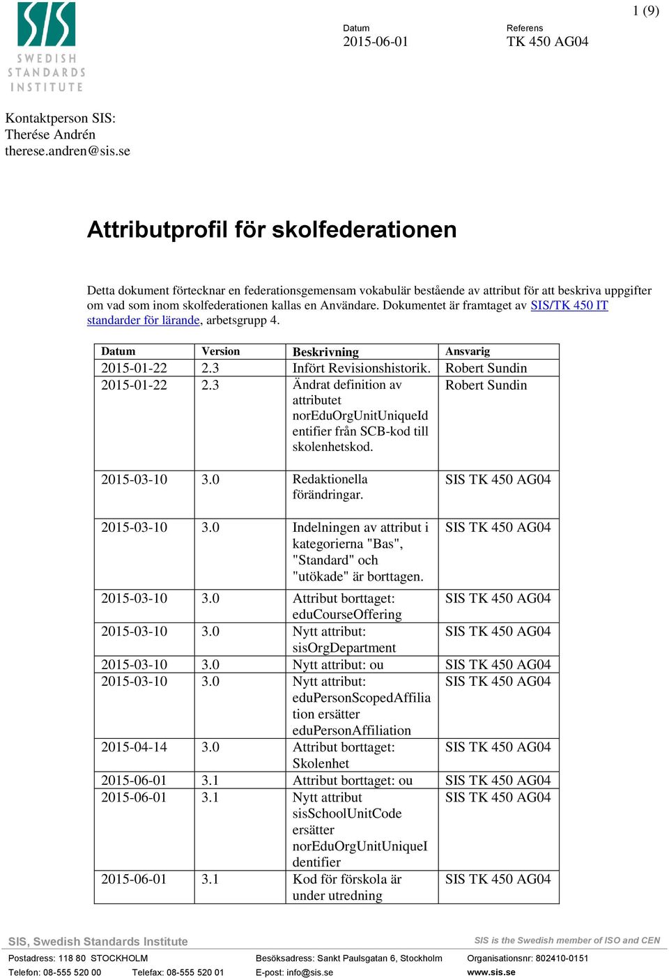 Dokumentet är framtaget av SIS/TK 450 IT standarder för lärande, arbetsgrupp 4. Datum Version Beskrivning Ansvarig 2015-01-22 2.3 Infört Revisionshistorik. Robert Sundin 2015-01-22 2.