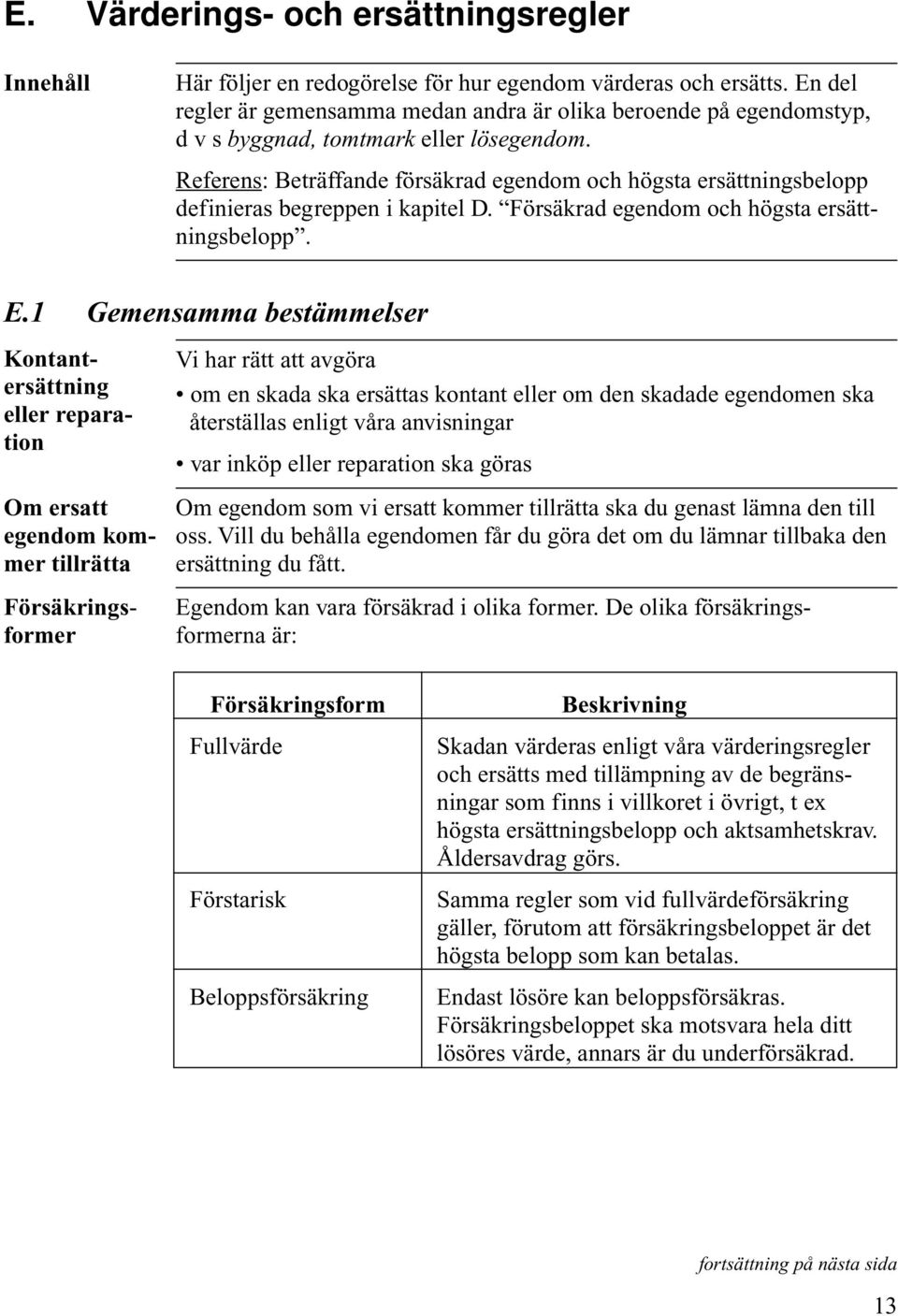 Referens: Beträffande försäkrad egendom och högsta ersättningsbelopp definieras begreppen i kapitel D. Försäkrad egendom och högsta ersättningsbelopp. E.