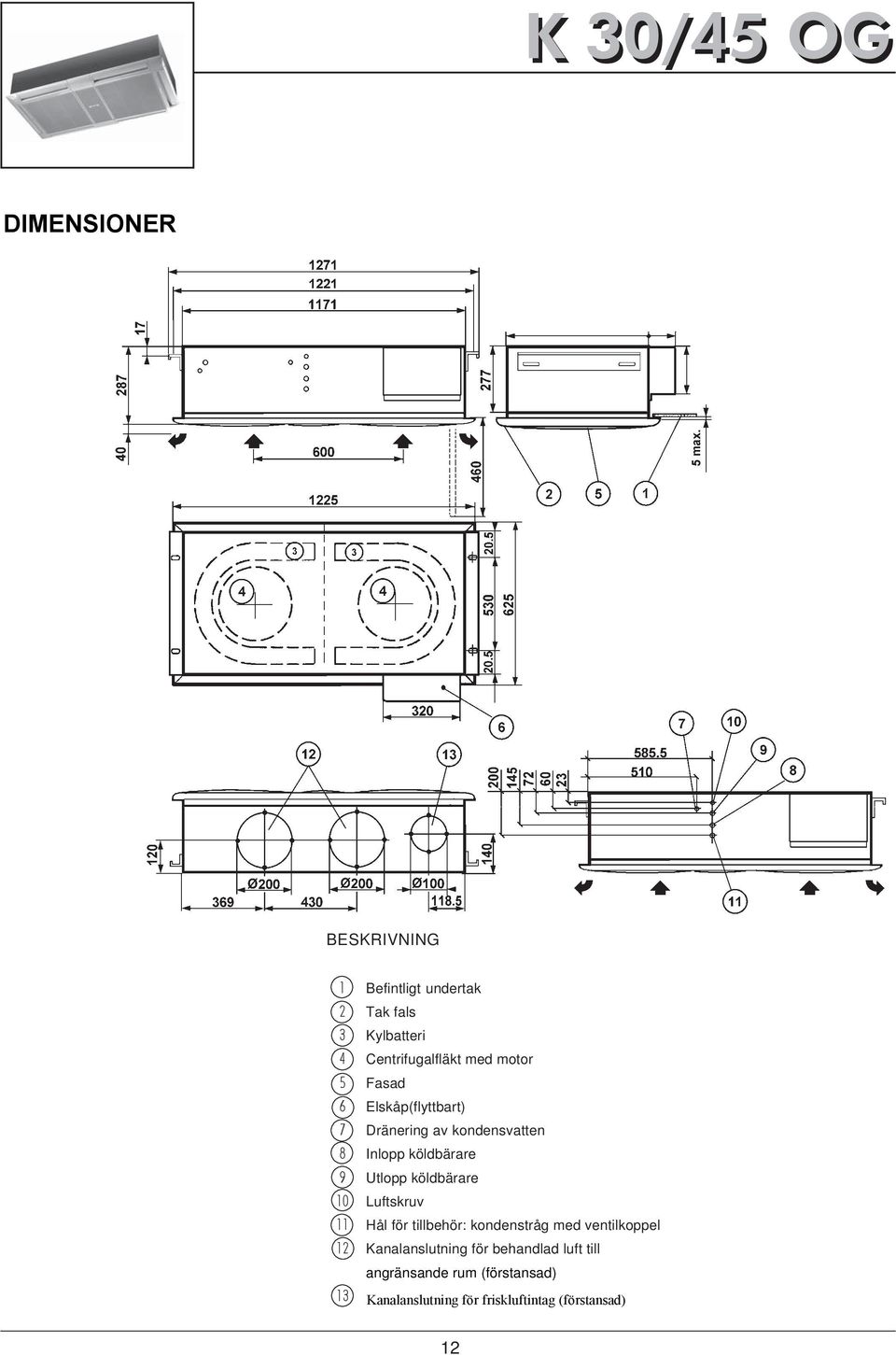 köldbärare Coupling of water outlet Luftskruv irventing Hål för tillbehör: kondenstråg med ventilkoppel ole for kit: condensing tray with valve Kanalanslutning för behandlad luft