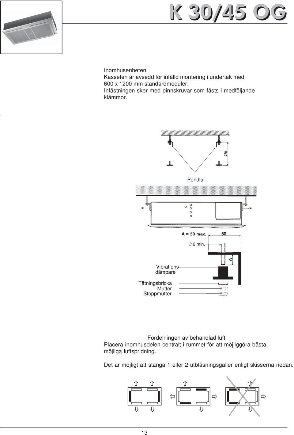 Infästningen sker med pinnskruvar som fästs i medföljande klämmor. The ir Treatment Units is to be flush - mounted into a false ceiling of standard 600 x 600 mm modules.