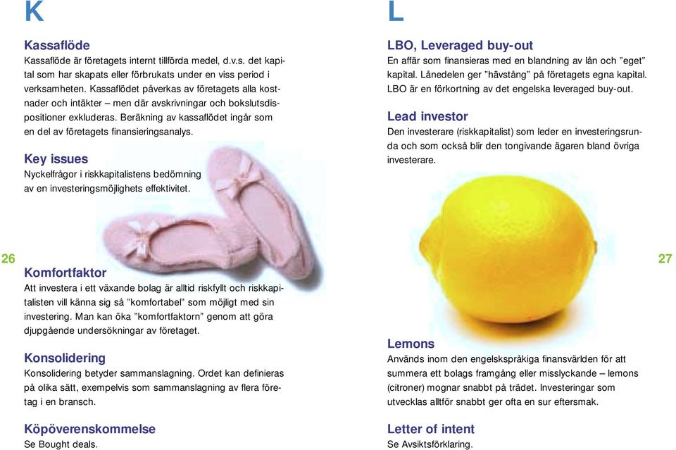 Key issues Nyckelfrågor i riskkapitalistens bedömning av en investeringsmöjlighets effektivitet. LBO, Leveraged buy-out En affär som finansieras med en blandning av lån och eget kapital.