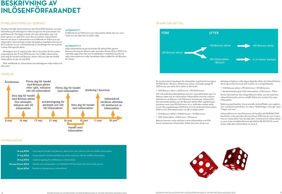 Sammanlagt innebär förslaget en kapitalöverföring om 421,5 miljoner kronor med beaktande av att Bolaget för närvarande innehar 642 egna B-aktier.