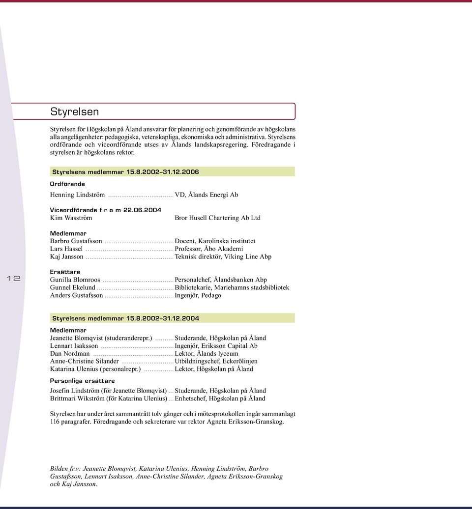 .. VD, Ålands Energi Ab Viceordförande f r o m 22.06.2004 Kim Wasström Bror Husell Chartering Ab Ltd Medlemmar Barbro Gustafsson... Docent, Karolinska institutet Lars Hassel.