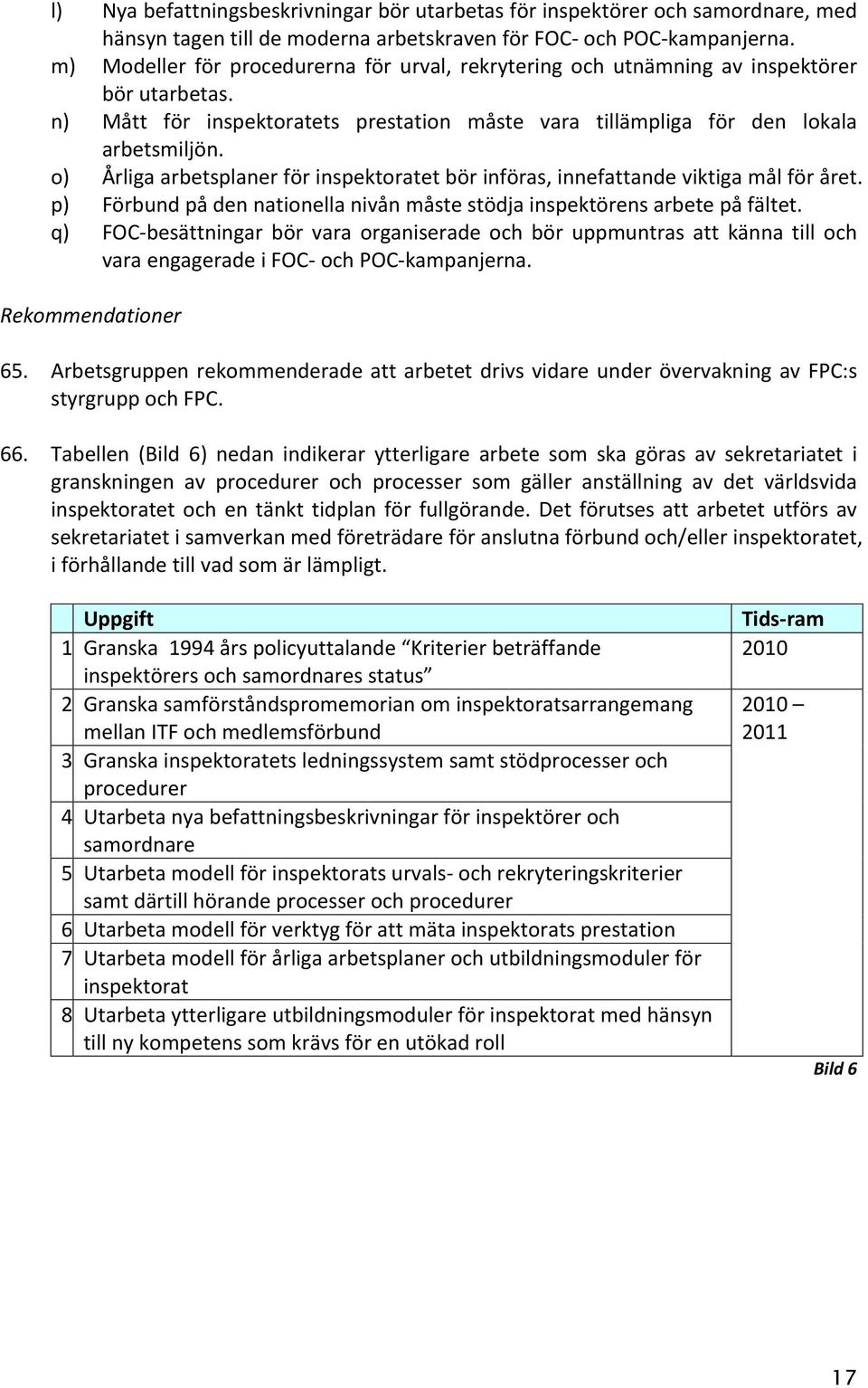 o) Årliga arbetsplaner för inspektoratet bör införas, innefattande viktiga mål för året. p) Förbund på den nationella nivån måste stödja inspektörens arbete på fältet.