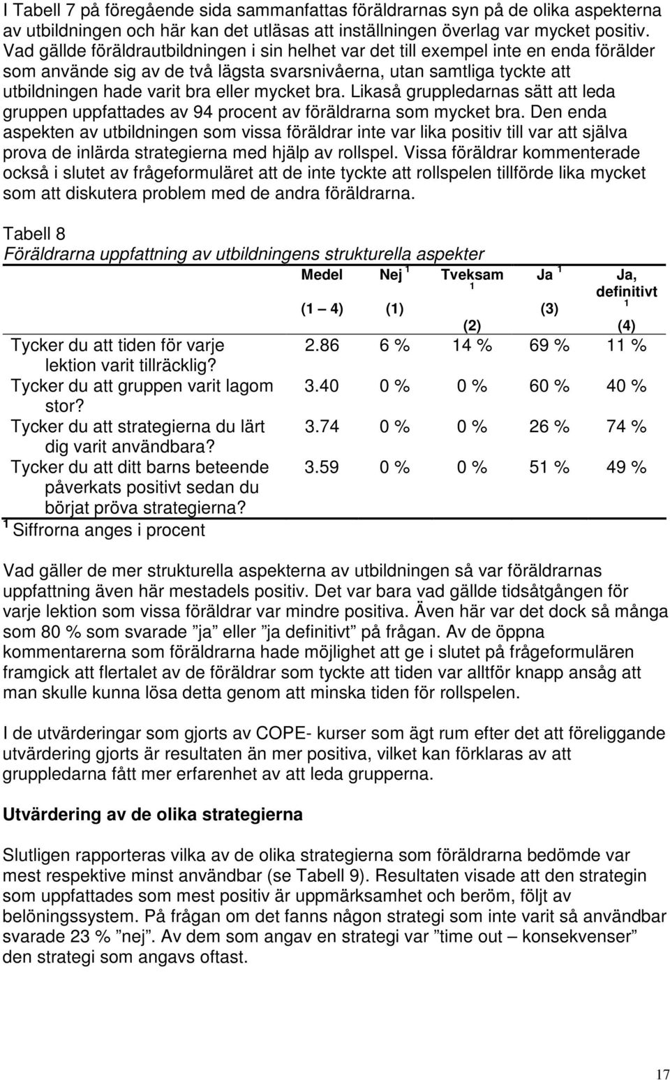 mycket bra. Likaså gruppledarnas sätt att leda gruppen uppfattades av 94 procent av föräldrarna som mycket bra.