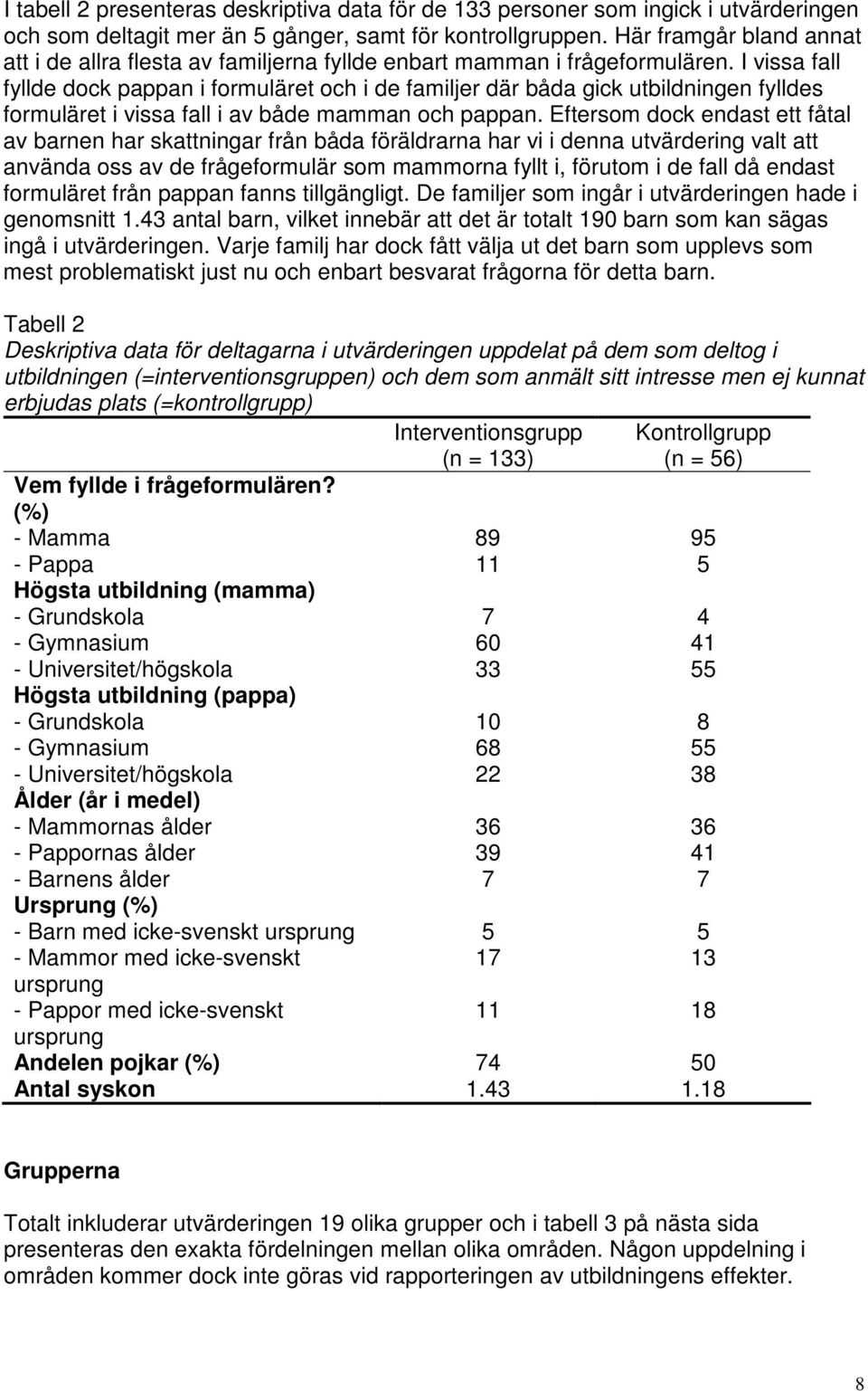 I vissa fall fyllde dock pappan i formuläret och i de familjer där båda gick utbildningen fylldes formuläret i vissa fall i av både mamman och pappan.