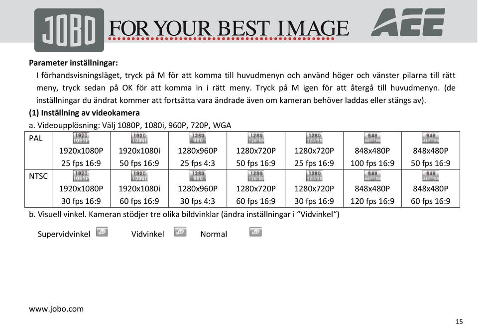 Videoupplösning: Välj 1080P, 1080i, 960P, 720P, WGA PAL NTSC 1920x1080P 25 fps 16:9 1920x1080P 30 fps 16:9 1920x1080i 50 fps 16:9 1920x1080i 60 fps 16:9 1280x960P 25 fps 4:3 1280x960P 30 fps 4:3